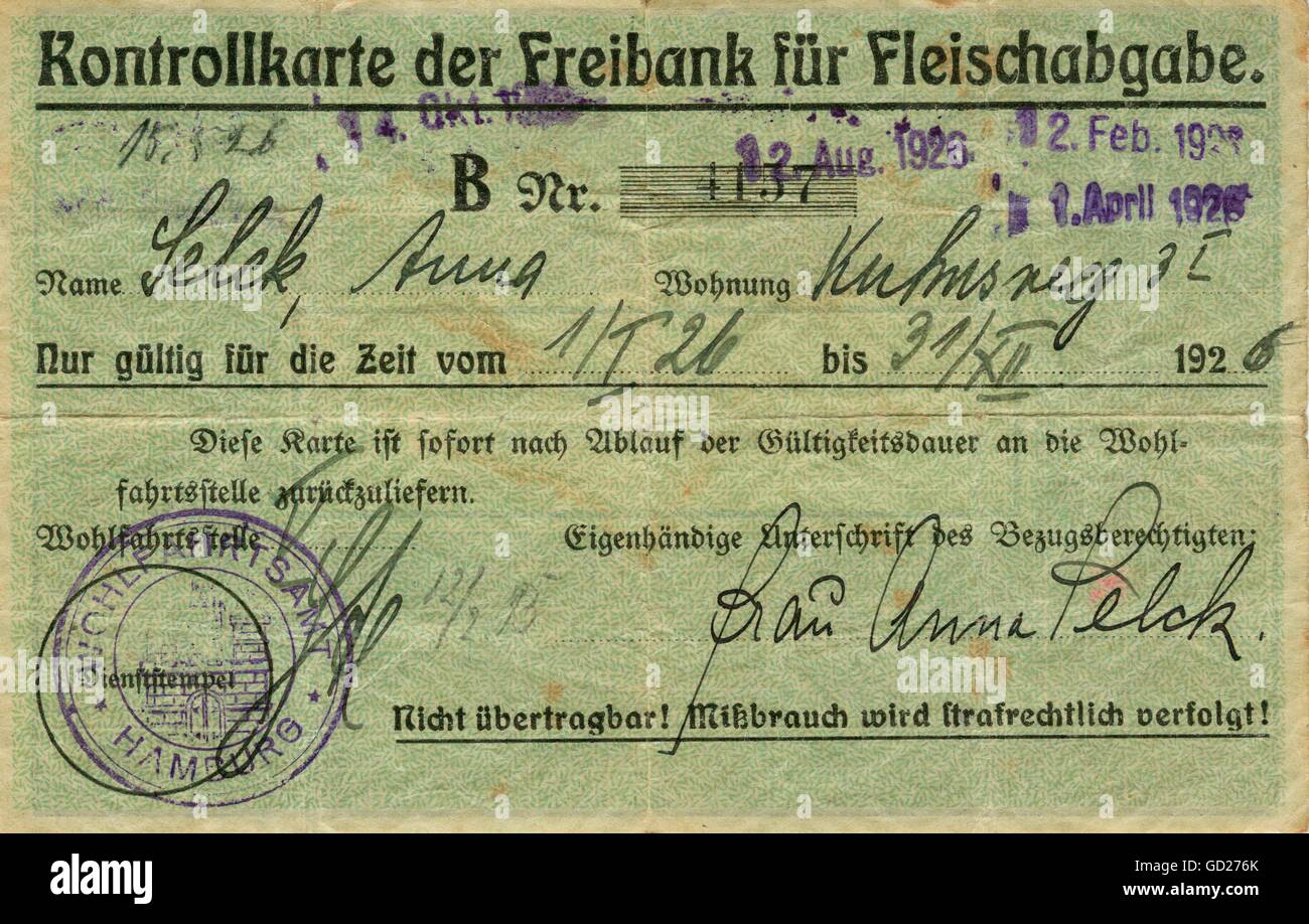 trade, food, Germany, the time of the Weimarer Republic, Hamburg, time card for the sale of cheap meat (food ration card), valid from 01.01.1926 to 31.03.1926 the German Reich, World War I, WW I, the First World War, postwar era, food ration cards, rationing, providing, poverty, plight, misery, economy, in the twenties of the twentieth century, Additional-Rights-Clearences-Not Available Stock Photo