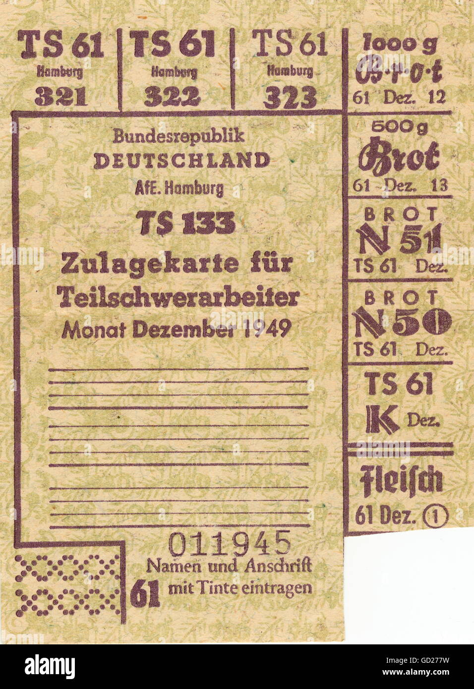 trade, food ration card (allowance card) for part-time heavy labourer, Hamburg, West Germany, valid in December 1949 popstwar era, post war period, food ration cards, rationing, providing, poverty, plight, misery, economy, in the forties of the twentieth century historic, historical, clipping, cut out, cut-out, cut-outs, 20th century, 1940s, Additional-Rights-Clearences-Not Available Stock Photo