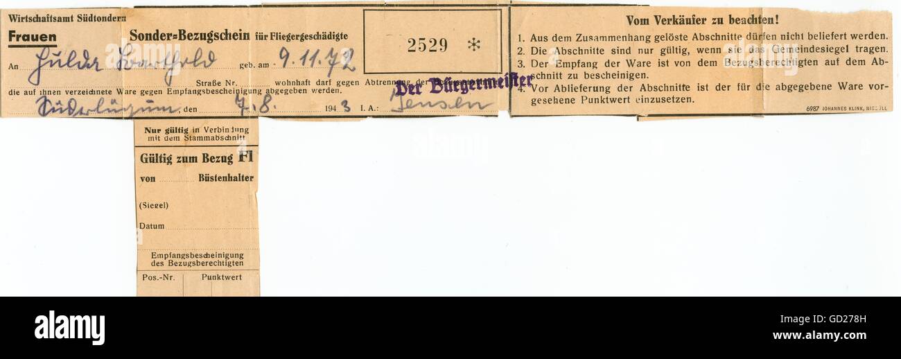 National Socialism, documents, Germany, Schleswig-Holstein, Süderlügum, time of the Third Reich and the World War II, ration card for an brassiere for people who lost all by bomb attack, valid from 07.08.1943 the German Reich, National Socialism, war, the Second World War, ration cards, bra, providing, rationing, history, in the forties of the twentieth century, historic, historical, clipping, cut out, cut-out, cut-outs, 20th century, 1940s, Additional-Rights-Clearences-Not Available Stock Photo