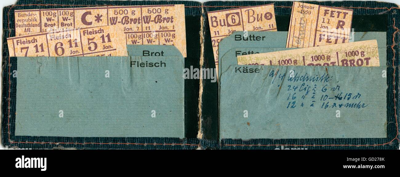 trade, food, Germany, Hamburg, small book for food ration cards (bread, meat, butter, shortening) of the year 1950 food, rationing, providing, misery, poverty, household, housekeeping, in the fifties of the twentieth century, historic, historical, clipping, cut out, cut-out, cut-outs, 20th century, 1950s, Additional-Rights-Clearences-Not Available Stock Photo