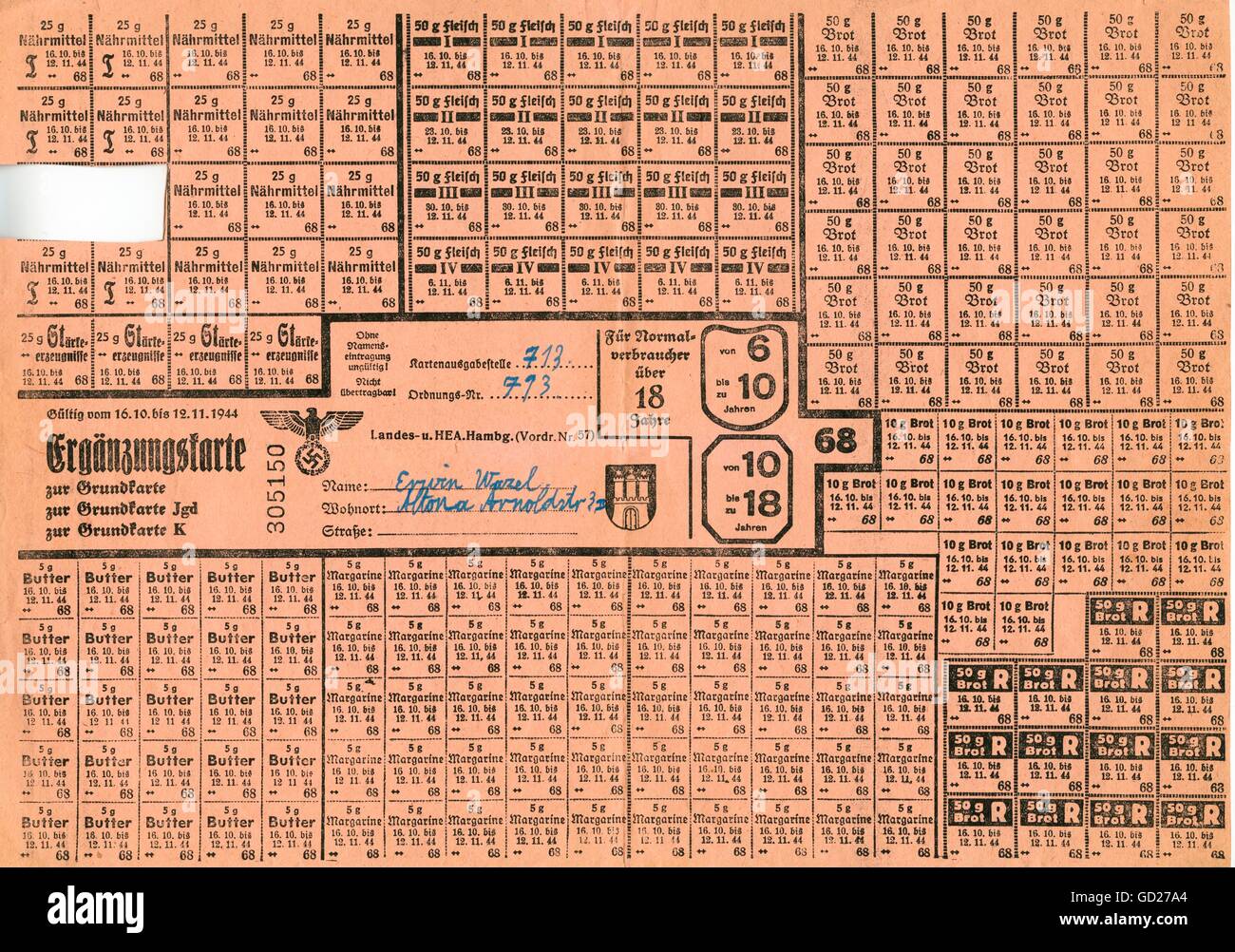 National Socialism, documents, Germany, Hamburg, the time of the Second World War and the Third Reich, supplementary card for the food ration card for adults over 18 years, valid from 16.10. to 12.11.1944, Additional-Rights-Clearences-Not Available Stock Photo