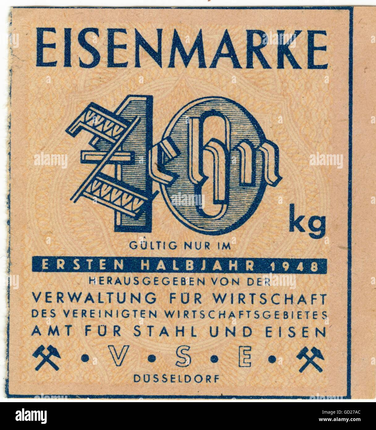 postwar era, Germany, time of the occupation regime, ration card for iron for 10 kilogramme, valid in the first six months of 1948, issued by the administrative authority of economy of the united occupied zone, department of steel and iron, ration cards, rationing, industry, production, history, in the forties of the twentieth century, historic, historical, clipping, cut out, cut-out, cut-outs, 20th century, 1940s, Additional-Rights-Clearences-Not Available Stock Photo
