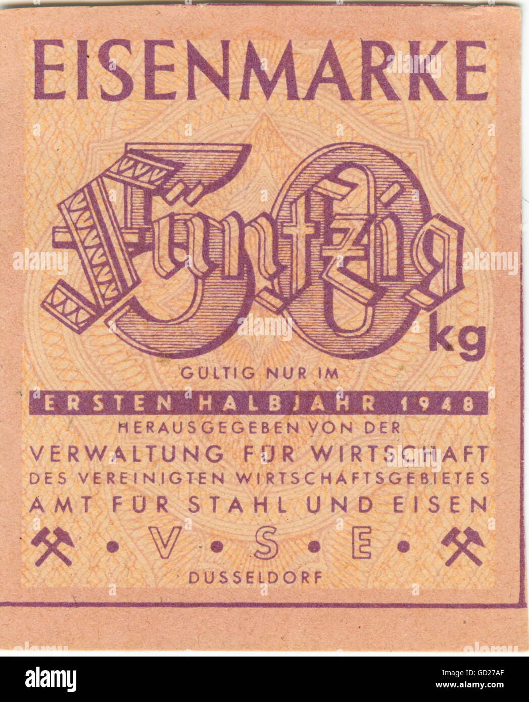 postwar era, economy, time of the occupation regime, ration card for iron for 50 kilogramme, valid in the first six months of 1948, issued by the administrative authority of economy, department for steel and iron, Germany, ration cards, rationing, industry, production, history, in the forties of the twentieth century, historic, historical, clipping, cut out, cut-out, cut-outs, 20th century, 1940s, Additional-Rights-Clearences-Not Available Stock Photo