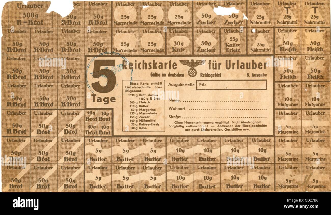 National Socialism, documents, food ration card for holidaymaker for five days, in the forties of the twentieth century, Germany, WWII, the German Reich, the Third Reich, National Socialism, rationing, providing, economy, swastika, holidays, only for journalistic or academic use,  historic, historical, clipping, cut out, cut-out, cut-outs, 20th century, 1940s, Additional-Rights-Clearences-Not Available Stock Photo