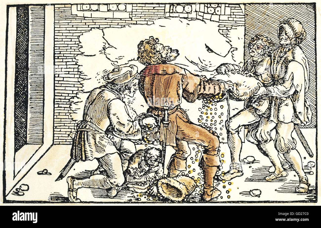 allegories, "About the lost money", conscienceless people stealing money from an aide, coloured woodcut by Petrarca Master (1532 - 1620) to "Von der Artzney bayder Glueck" (De remediis utriusque fortunae 1344/1366), by Francesco Petrarca (1304-1374), , Additional-Rights-Clearences-Not Available Stock Photo