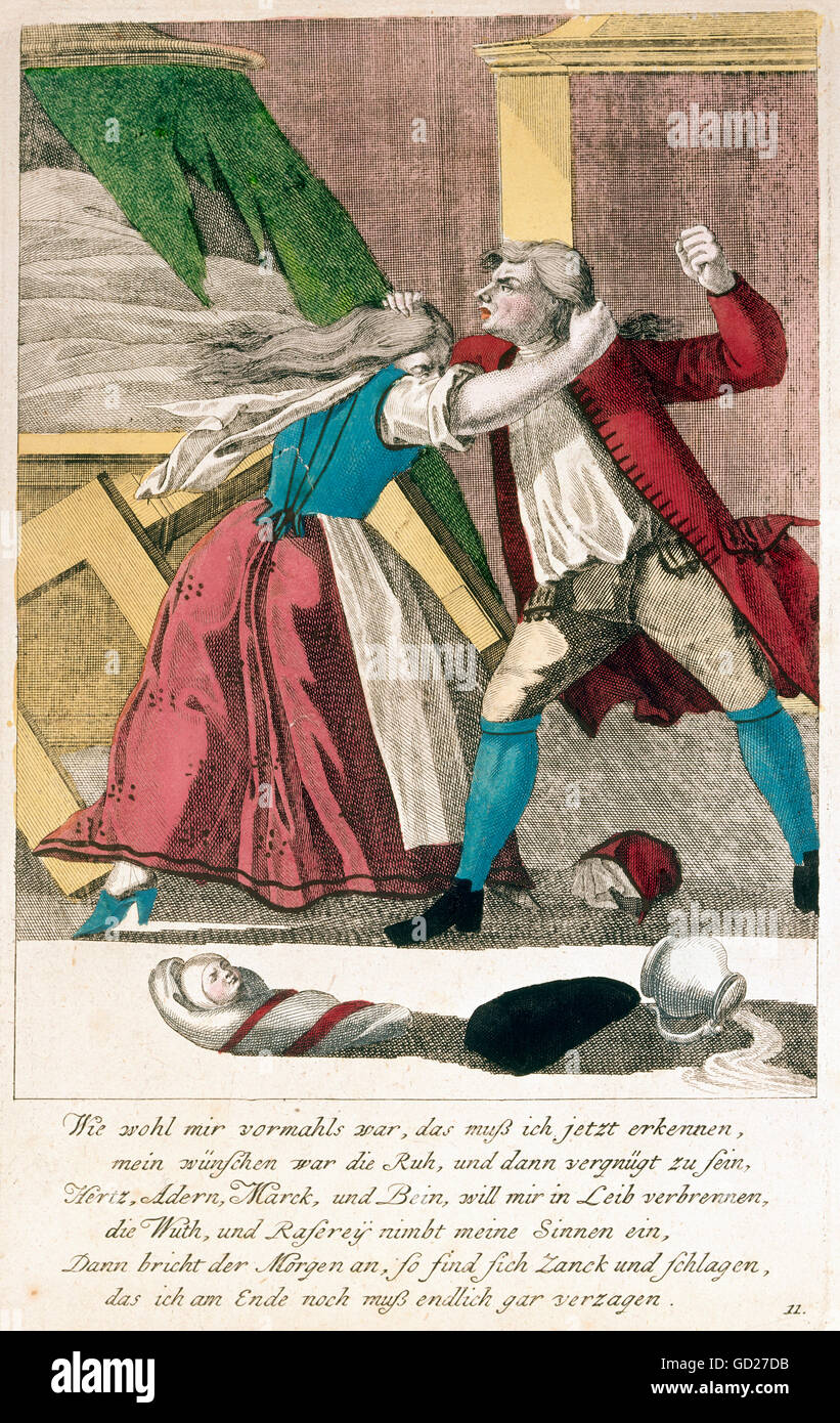 people, couples, disputing married couple, satire about the marriage, copper engraving, coloured, Augsburg, Germany, first half of the 18th century, Artist's Copyright has not to be cleared Stock Photo