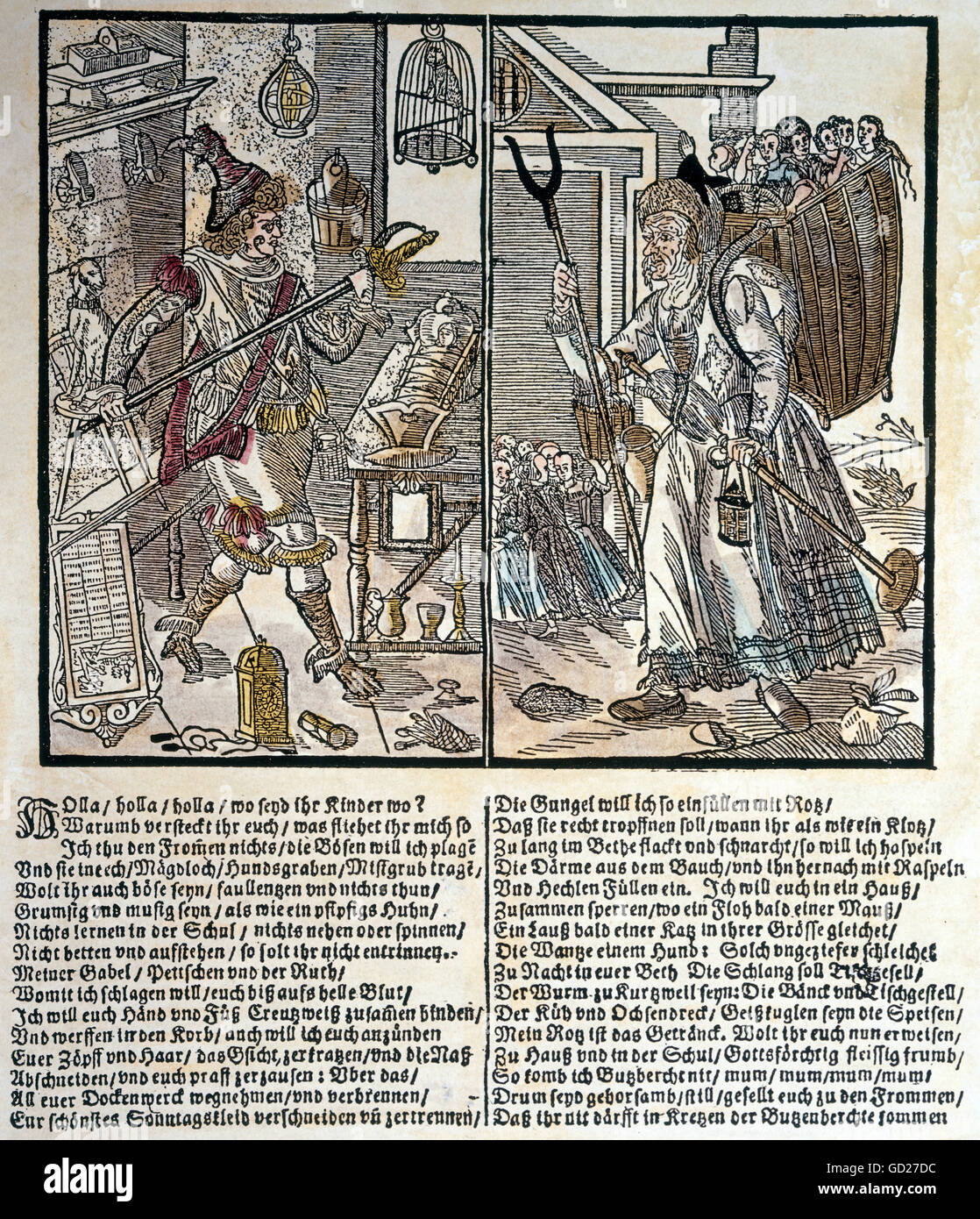 education, caricature, Hans Hinterfuer and witch Butzenbrecht as bugbear, woodcut, coloured, Augsburg, Germany, circa 1700, Additional-Rights-Clearences-Not Available Stock Photo
