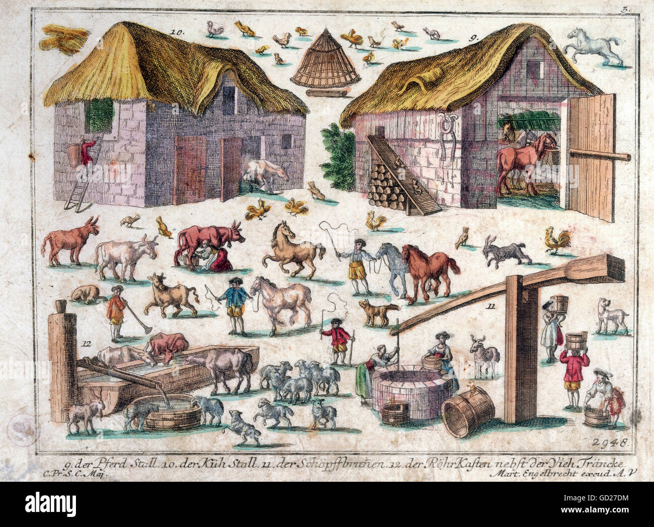 agriculture, horse stable, cowshed, draw well, watering place, series for children and Rococo broadsheets, coloured copper engraving by Martin Engelbrecht, Augsburg, Germany, 1st half of the 18th century, historic, historical, stable, horse stable, stables, horse stables, cowshed, cow barn, byre, cowhouse, livestock, live stock, cattle, farm, farms, country life, well, wells, animal, animals, barn, barns, Dutch barn, stable, barn, barnstable, stables, barns, barnstables, people, Artist's Copyright has not to be cleared Stock Photo