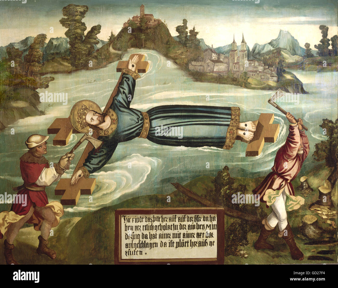 Wilgefortis, fictitious Catholic saint of popular religious imagination, finding and rescue of the crucifix from Isar River near Mindraching, plate from a cycle of Saint Wilgefortis, oil on wood, 120 x 200 cm, 1527, Stock Photo
