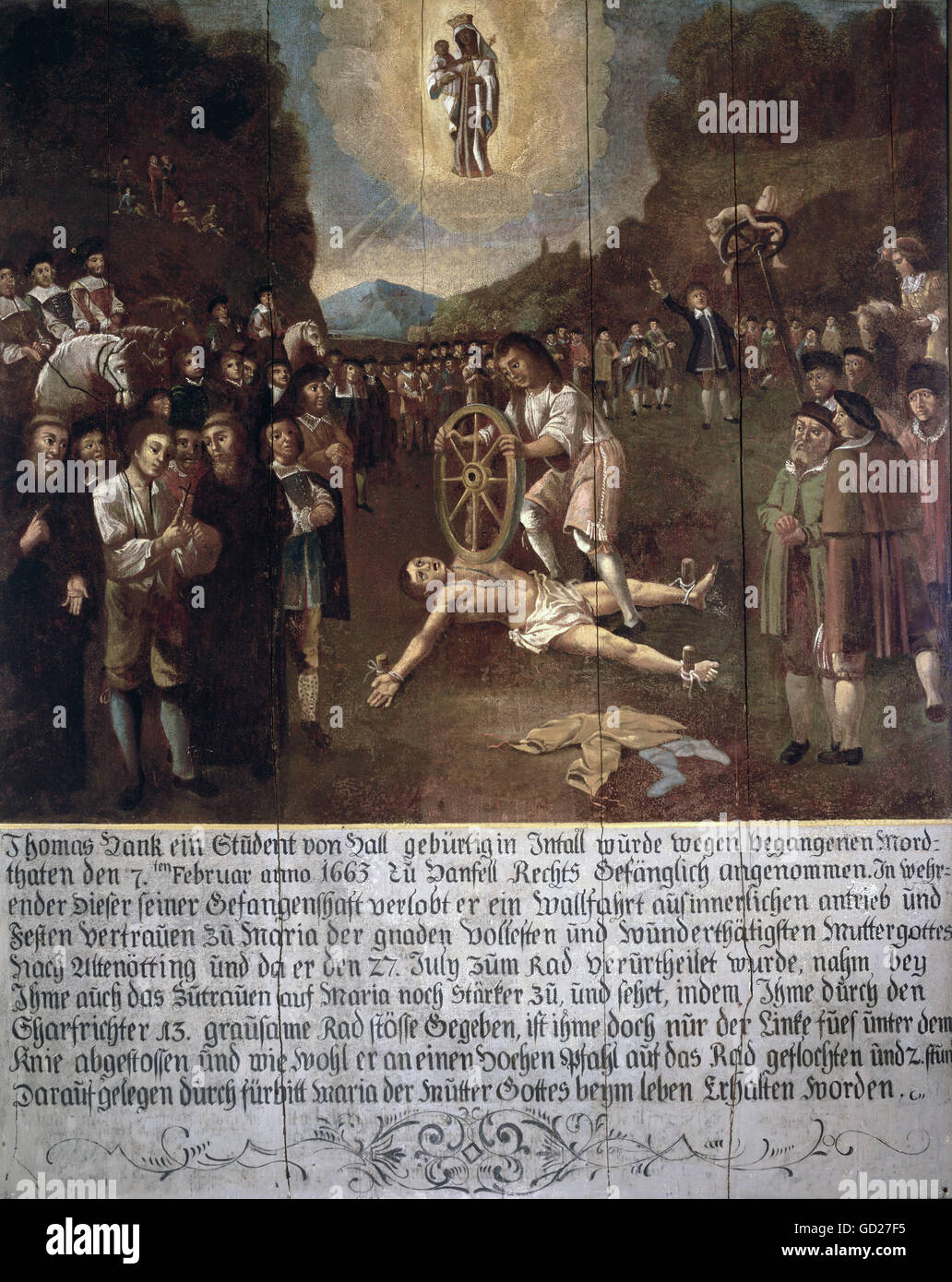 justice, penitentiary system, breaking wheel, miracle of Thomas Hans, who survived the breaking wheel punishment, painting by Wolfgang Rast, oil on wood, 160x127 cm, 1664, Additional-Rights-Clearences-Not Available Stock Photo