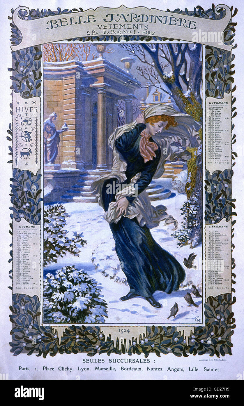 advertising, fashion, fashion store 'Belle Jardiniere', Paris, allegory of winter with a calendar for the fourth quarter of 1904, chromolithograph, private collection, Additional-Rights-Clearences-Not Available Stock Photo
