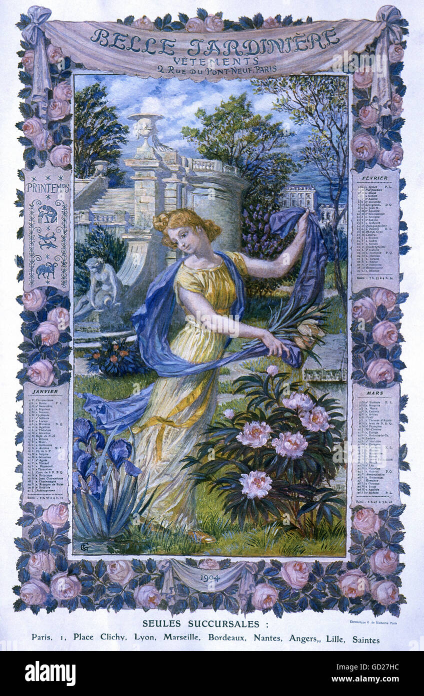advertising, fashion, fashion store 'Belle Jardiniere', Paris, allegory of spring with a calendar for the first quarter of 1904, chromolithograph, private collection, Additional-Rights-Clearences-Not Available Stock Photo