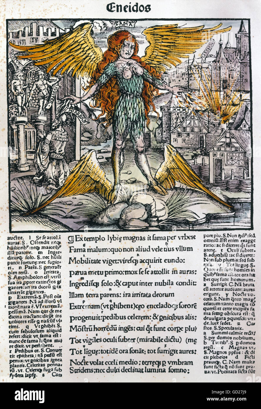 allegory, Pheme, impersonation of the rumor, as feathered monster with several eyes and ears, coloured woodcut, Germany, circa 1550, Additional-Rights-Clearences-Not Available Stock Photo