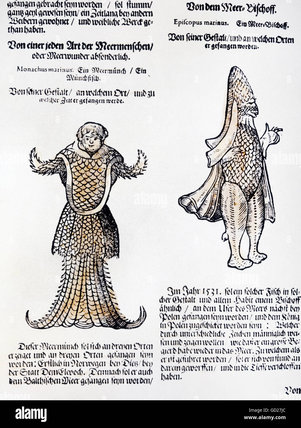 superstition, mythological creature, sea human and sea bishop, coloured woodcut after K. Gesner from Valentini, Frankfurt, Germany, 1704, Additional-Rights-Clearences-Not Available Stock Photo