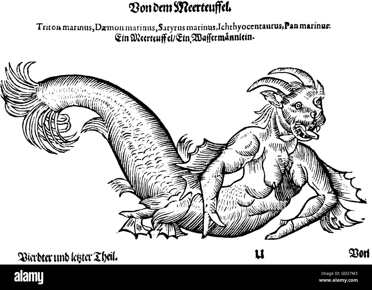superstition, mythological creatures, sea devil, woodcut from 'Historia animalium' by Conrad Gesner, 1551 / 1558, Additional-Rights-Clearences-Not Available Stock Photo