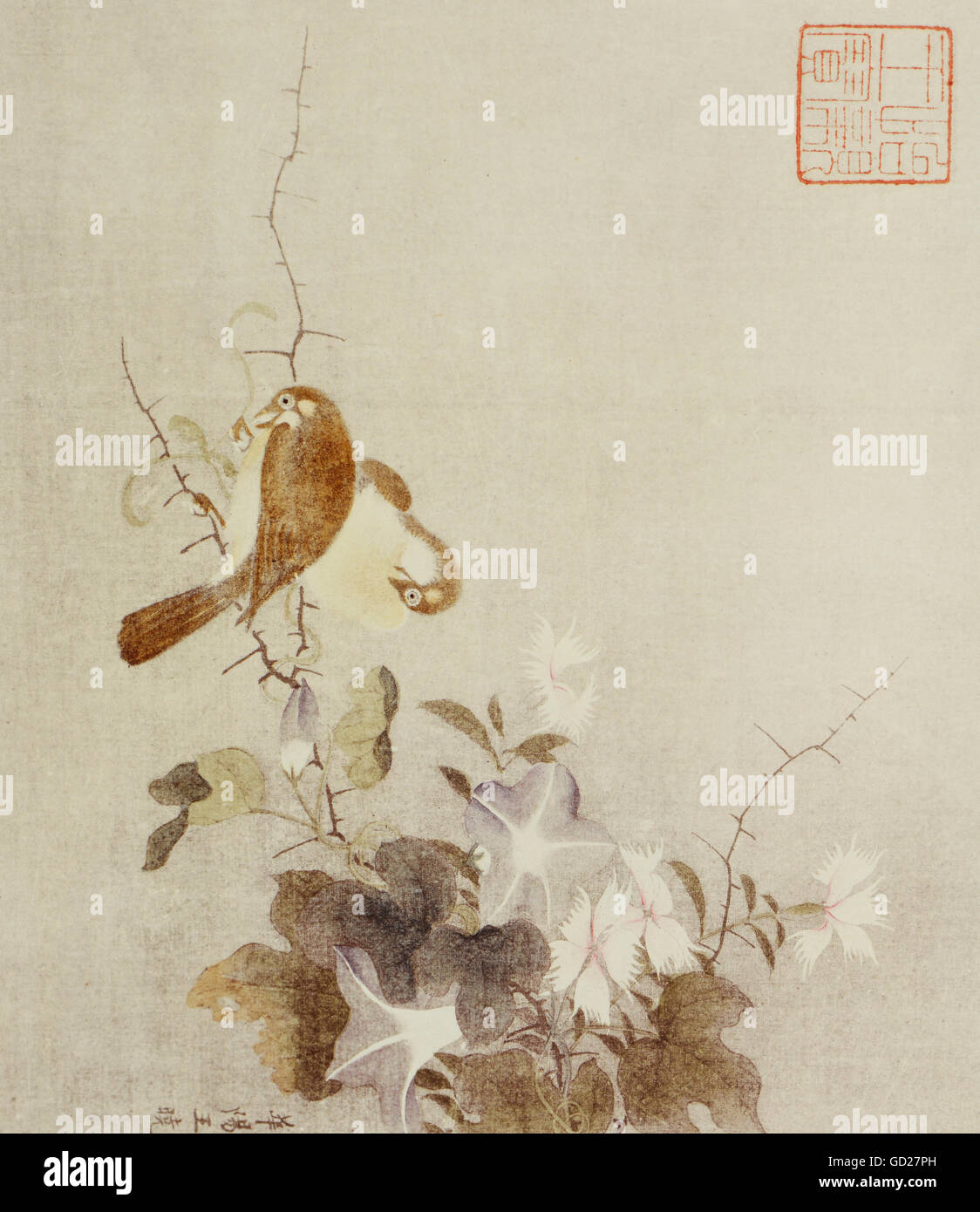 fine arts, painting, two sparrows on a tree branch with Morning Glory and Dianthus flowers, watercolour on silk, Wong Siao, China, Song Dynasty (960 - 1279), National Museum, Taipei, Artist's Copyright has not to be cleared Stock Photo