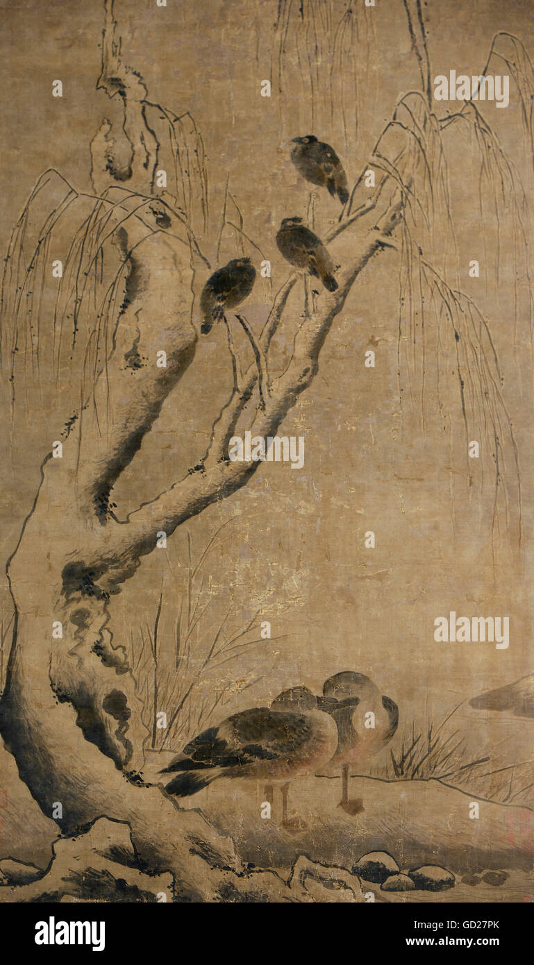 fine arts, painting, snow covered weeping willow with fluffed birds and a pair of ducks beneath, Indian ink on silk, by Sian Dseng (1120 - 1160), copy, circa 1700, 167 x 97 cm, private collection, Artist's Copyright has not to be cleared Stock Photo