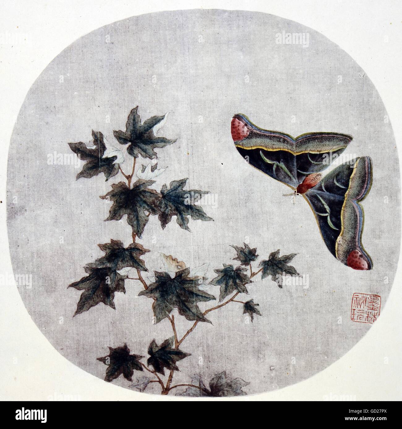 fine arts, painting, maple tree twig and male hawk moth, painting on a Chinese fan, Indian ink and watercolours on silk, China, Ngae Hsuan, Song Dynasty (960 - 1127), National Museum, Taipei, Artist's Copyright has not to be cleared Stock Photo