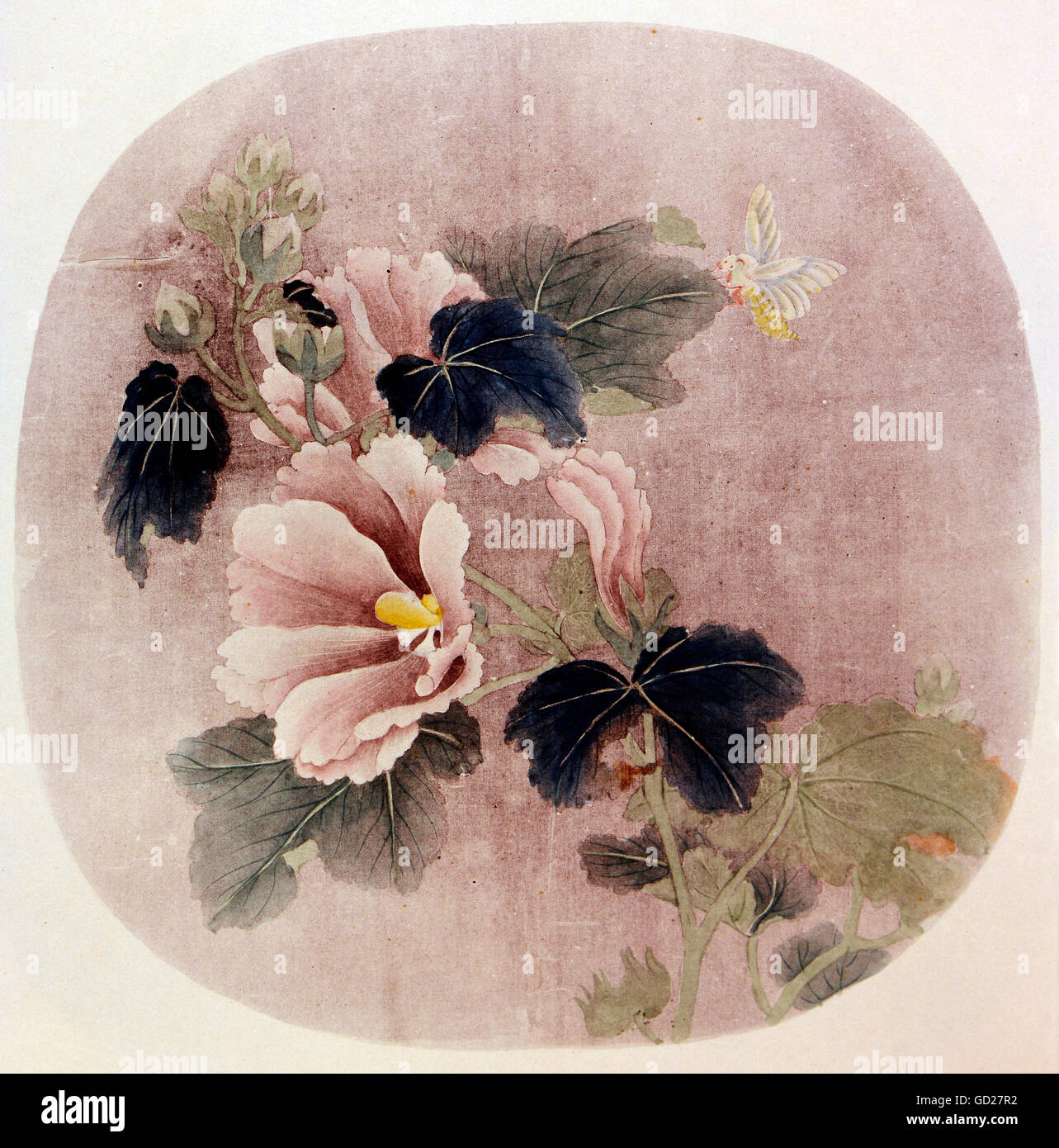 fine arts, painting, hibiscus flower with male silkmoth, painting on a Chinese fan, Indian ink and watercolours on silk, China, unknown artist, Song Dynasty (960 - 1127), National Museum, Taipei, Artist's Copyright has not to be cleared Stock Photo