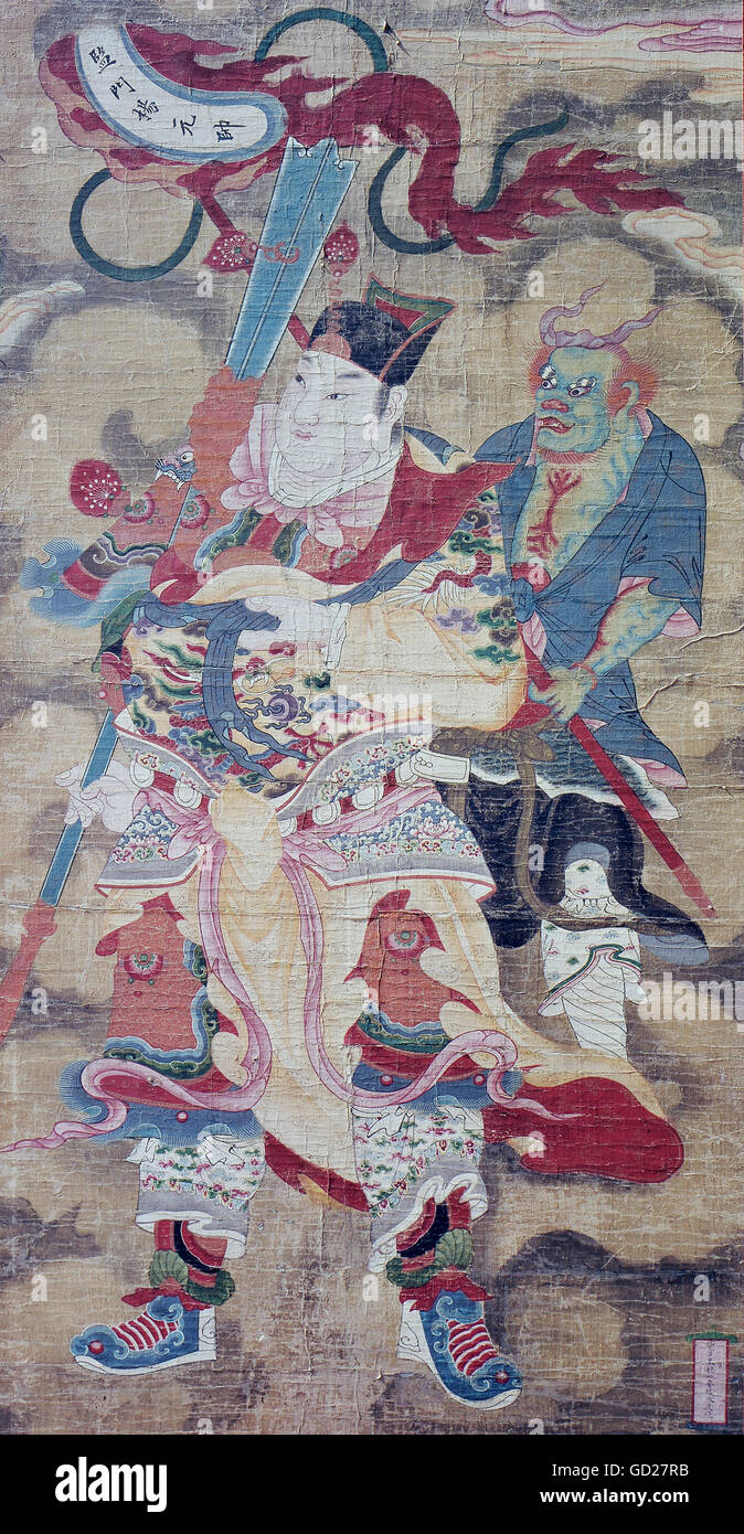 fine arts, painting, 'Mythical general with demon', tissue paper on fabric, China, 19th century, private collection, Artist's Copyright has not to be cleared Stock Photo