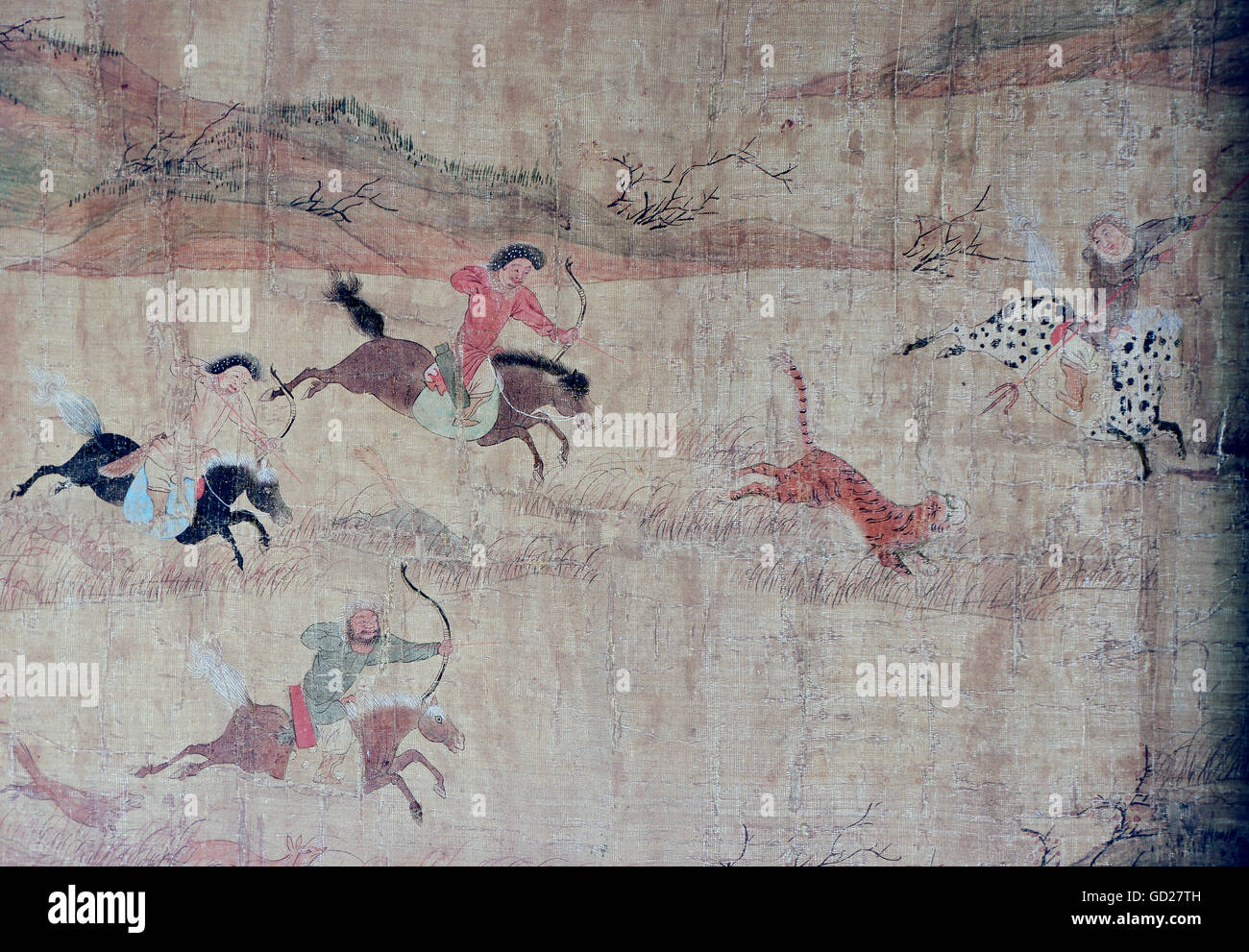 fine arts, painting, Emperor Temur on the hunt, 308 x 42 cm, detail, scroll painting on silk, circa 1300, private collection, Artist's Copyright has not to be cleared Stock Photo