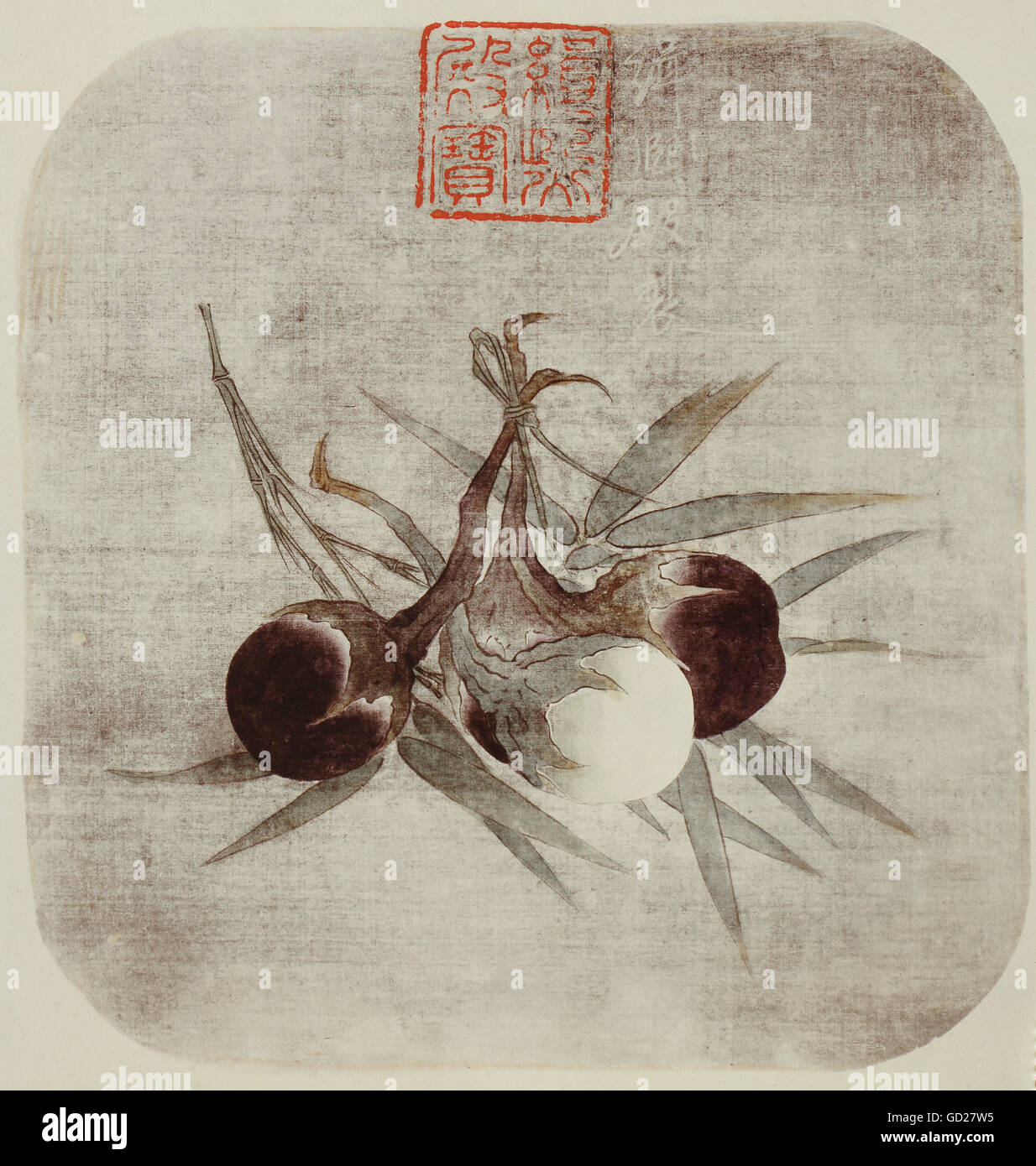 fine arts, painting, three eggplant fruits with with bamboo leaves, painting on a silk fan, Indian ink and watercolours, Chih Shien Dien, Song Dynasty (960 - 1127), National Museum, Taipei, Artist's Copyright has not to be cleared Stock Photo