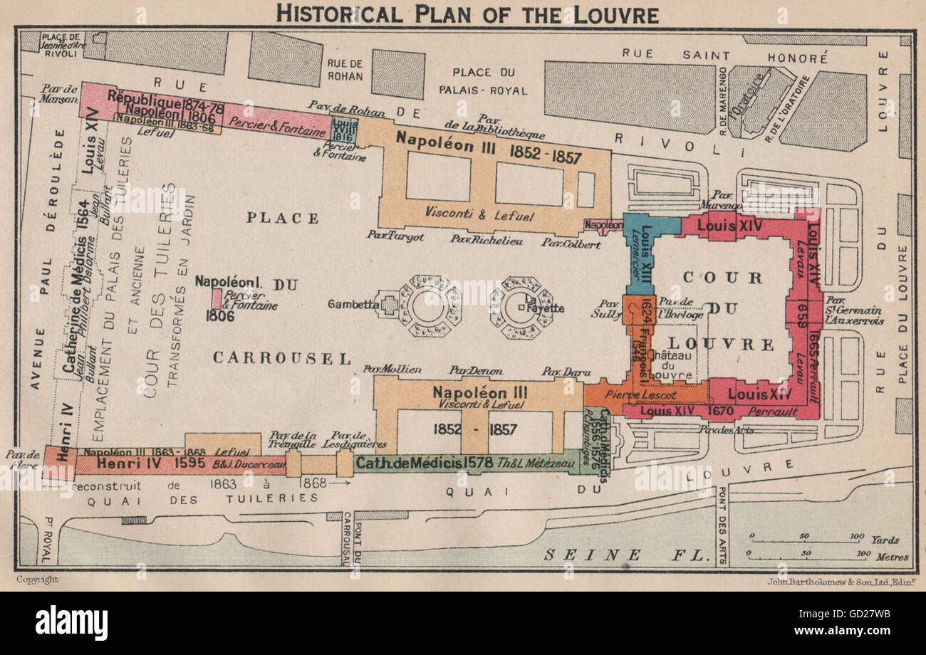 LOUVRE. Showing historical development 1578-1878. Vintage map plan. Paris 1922 Stock Photo
