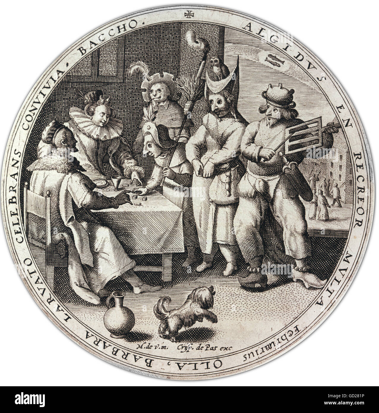 fine arts, Marten de Vos (1532 - 1603), print, copper engraving, 'Februarius' (February), diameter 12 cm, private collection, Artist's Copyright has not to be cleared Stock Photo