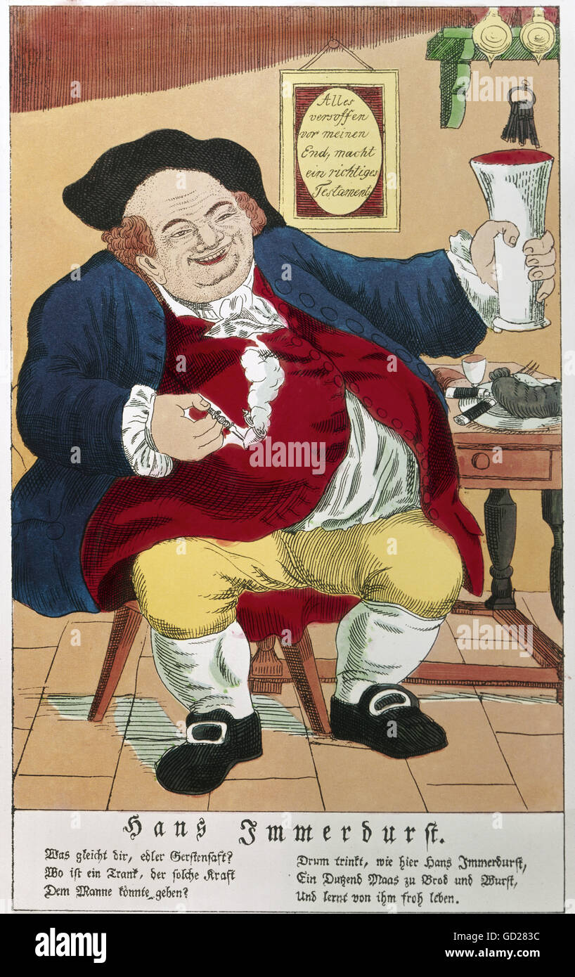 alcohol, beer, 'Hans Immerdurst' (Hans Always-Thirsty), cartoon, Neuruppin, Germany, second half of the 19th century, private collection, Additional-Rights-Clearences-Not Available Stock Photo