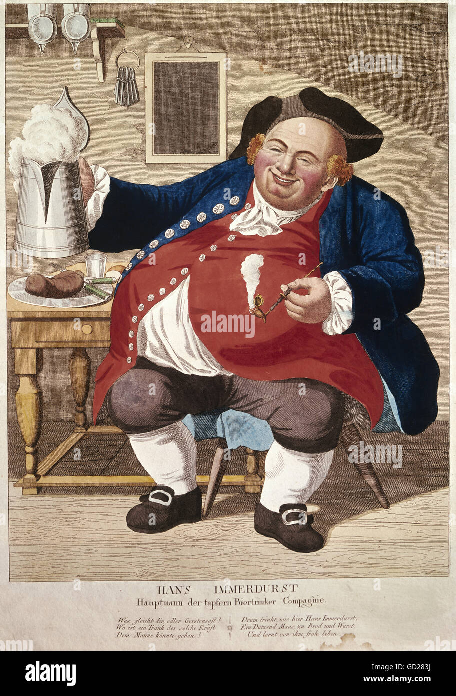 alcohol, beer, 'Hans Immerdurst - Hauptmann der tapferen Biertrinker Kompanie' (Hans Always-Thirsty - Captain of the brave beer-drinking company), cartoon, lithograph, coloured, Friedrich Campe publishing, Nuremberg, Germany, mid 19th century, 33 x 23 cm, private collection, Additional-Rights-Clearences-Not Available Stock Photo