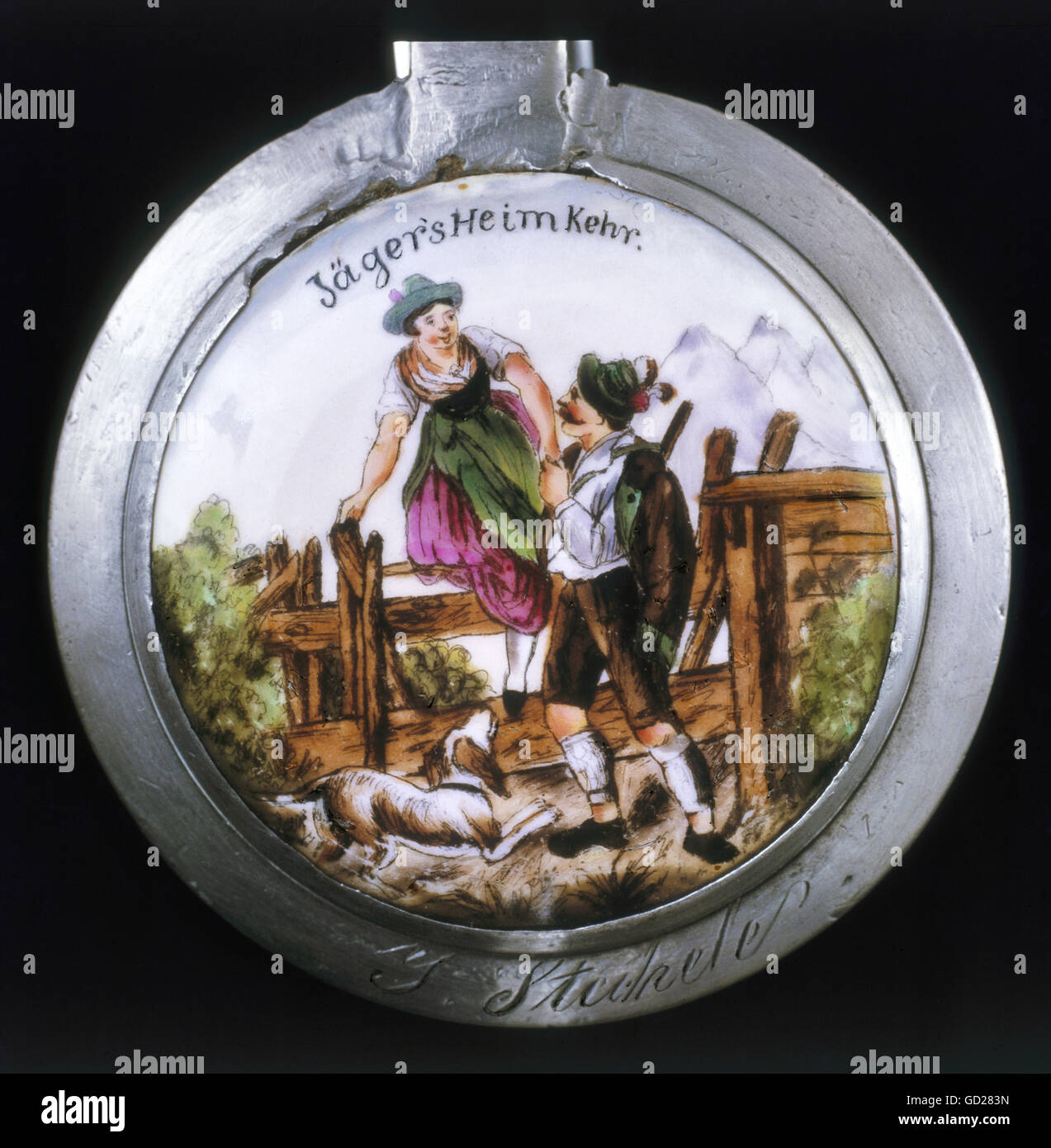 hunting, hunters, hunter returning home, porcelain painting on a beer mug lid, South Germany, mid 19th century, private collection, Additional-Rights-Clearences-Not Available Stock Photo
