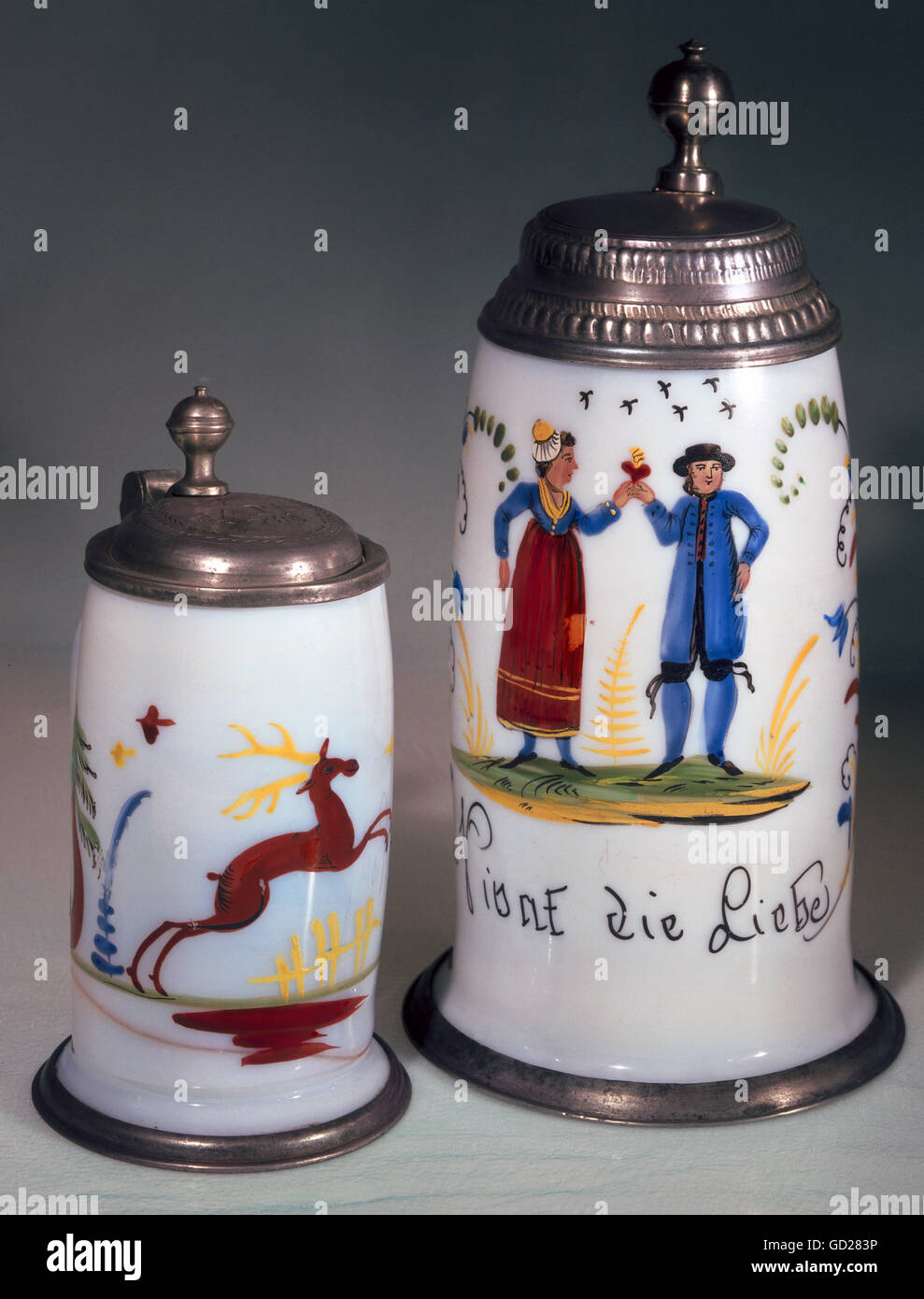 alcohol, beer, beer mugs with tin lids, glass, painted, 18th century