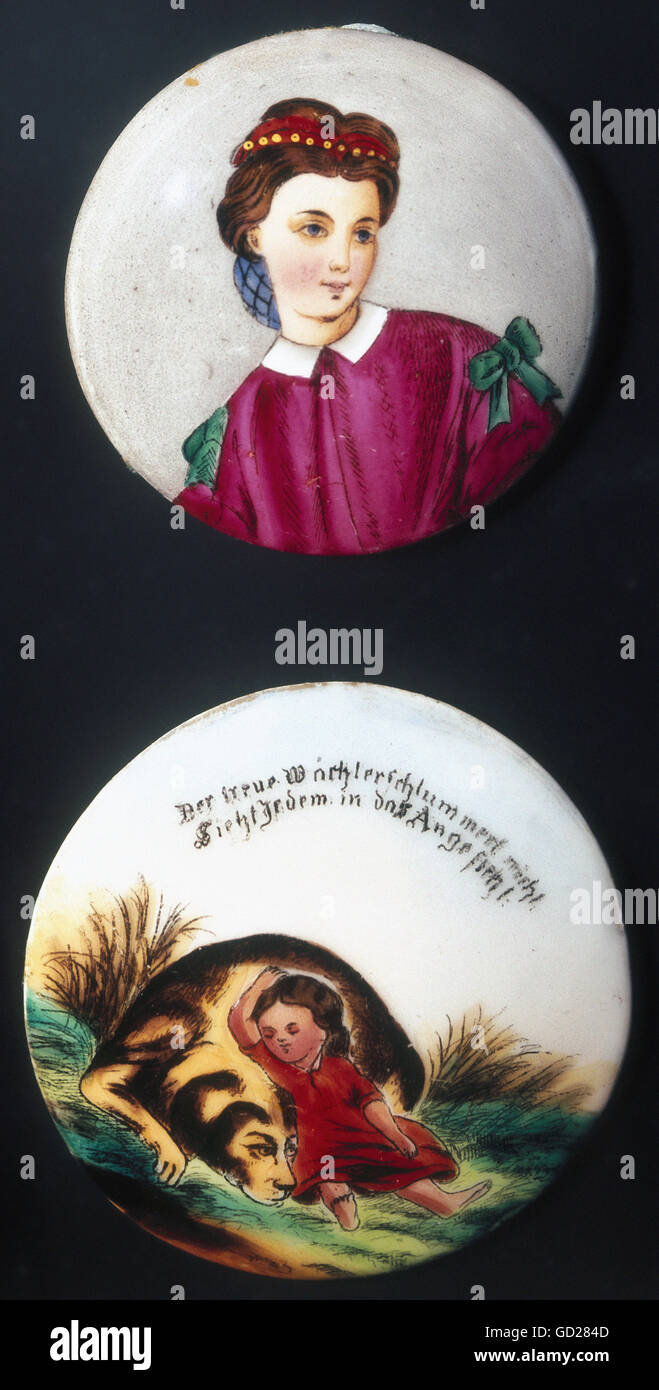 fine arts, porcelain paintings on beer mug lids, above: young girl, below: sleeping child with dog, South Germany, second half of the 19th century, Artist's Copyright has not to be cleared Stock Photo
