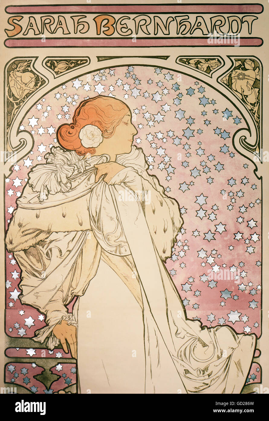 fine arts, Mucha, Alphonse (1860 - 1939), poster, detail from an advertising poster of the Theatre de la Renaissance, 'Sarah Bernhardt - La Dame aux Camelias' (The Lady of the Camellias), colour lithograph, 207 x 75.5 cm, Paris, 1896, Die Neue Sammlung (The New Collection), Munich, Artist's Copyright has not to be cleared Stock Photo