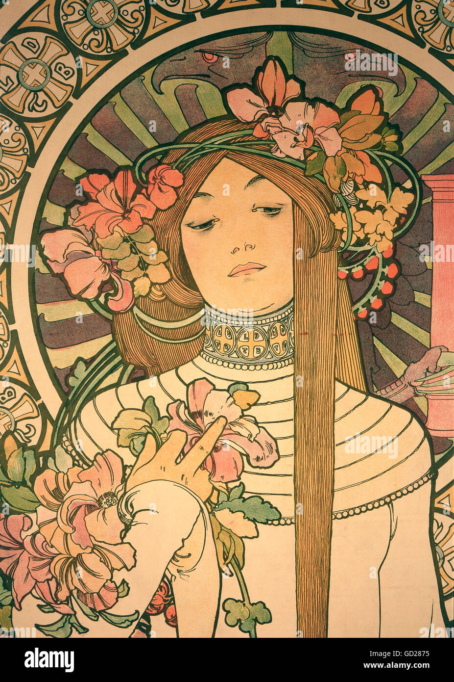 fine arts, Mucha, Alphonse (1860 - 1939), poster, advertising poster for 'La Trappistine' liqueur, colour lithograph, Paris, circa 1895, Die Neue Sammlung (The New Collection), Munich, detail, Artist's Copyright has not to be cleared Stock Photo