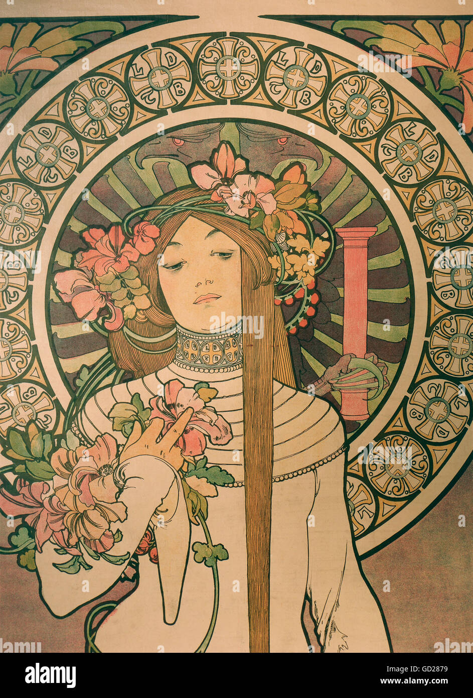 fine arts, Mucha, Alphonse (1860 - 1939), poster, advertising poster for 'La Trappistine' liqueur, colour lithograph, Paris, circa 1895, Die Neue Sammlung (The New Collection), Munich, detail, Artist's Copyright has not to be cleared Stock Photo