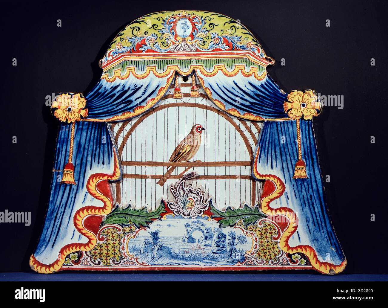 fine arts, decorative tiles, painted with a precious birdcage and a hunting scene, fayence, Delft, 18th century, height 34.5 cm, Gemeentemuseum Arnhem, Artist's Copyright has not to be cleared Stock Photo