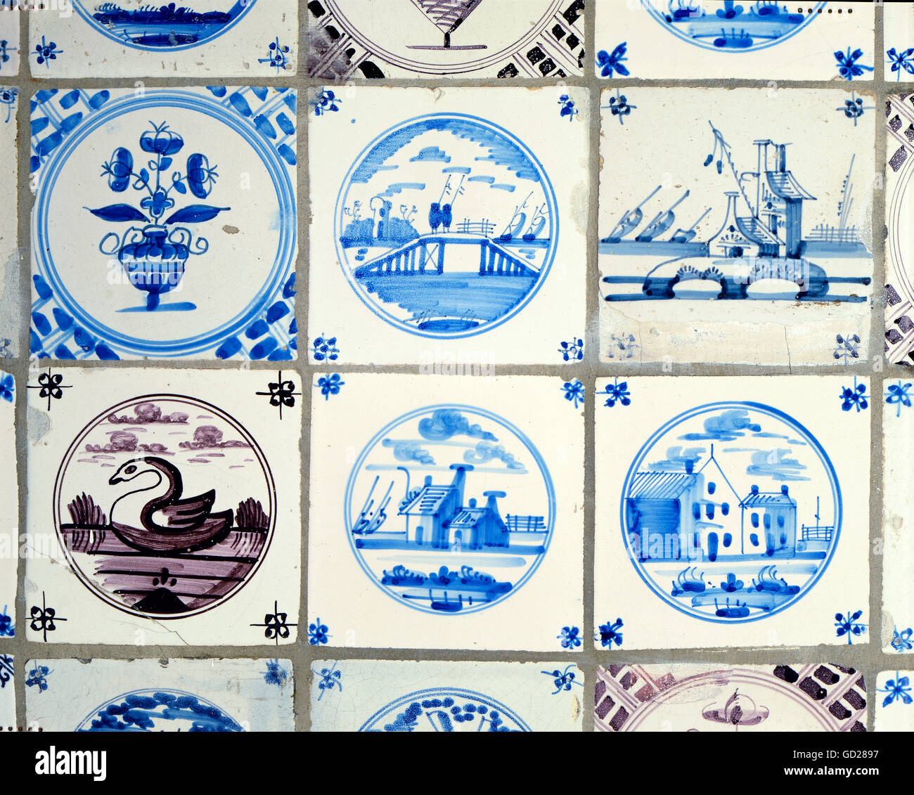 fine arts, decorative tiles, six tiles, painted with a vase, landscapes, buildings and a swan, Netherlands, each tile 12.7 x 12.7 cm, early 19th century, private collection, Artist's Copyright has not to be cleared Stock Photo