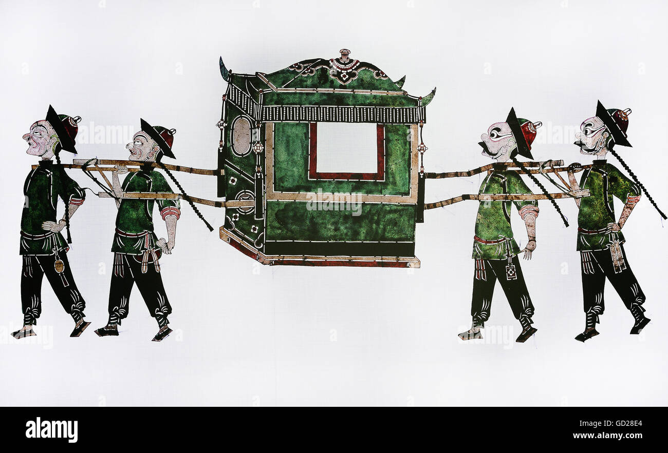 theatre, shadow play, figures, Beijing type, sedan chair with bearers, China, 19th century, Munich City Museum, puppet collection, historic, historical, theater, figure, Asia, fine arts, papercutting, Chinese, carriers, litter, chairs, litters, people, Additional-Rights-Clearences-Not Available Stock Photo