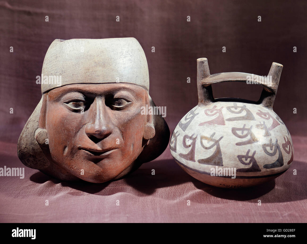 fine arts, Peru, ceramics, vessels in shape of a portrait and a stirrup, earthenware, painted, 8th century, Lindenmuseum Stuttgart, Artist's Copyright has not to be cleared Stock Photo