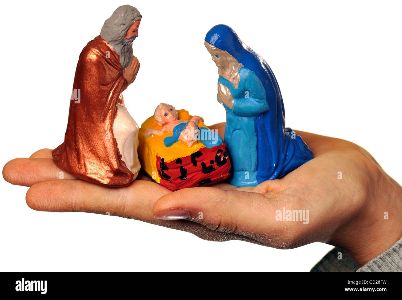 Christmas, cribs, Nativity scene on the hand, clay figures, hand-painted, Germany, 1980s, Additional-Rights-Clearences-Not Available Stock Photo