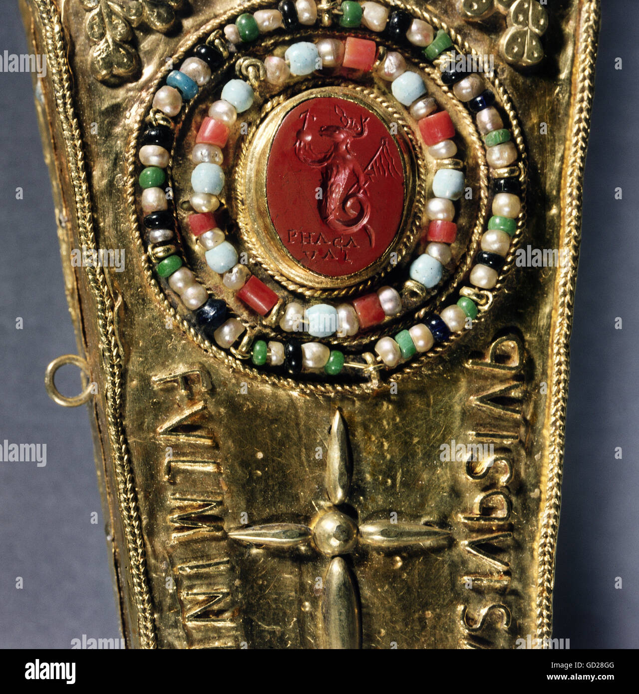 fine arts, ancient world, Byzantine Empire, cameos, gnostic intalio, gold with jewels and glass beads, 'Cruz de los Angeles', backside, detail, 816, treasure of Oviedo cathedral, Spain, Artist's Copyright has not to be cleared Stock Photo