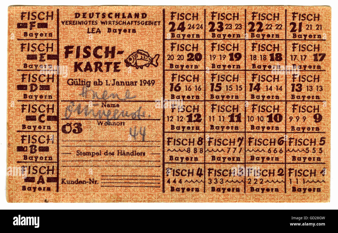 post war period, ration coupon, fish coupon, authorized to the purchase of fish, Bavaria, Germany, 1949, Additional-Rights-Clearences-Not Available Stock Photo