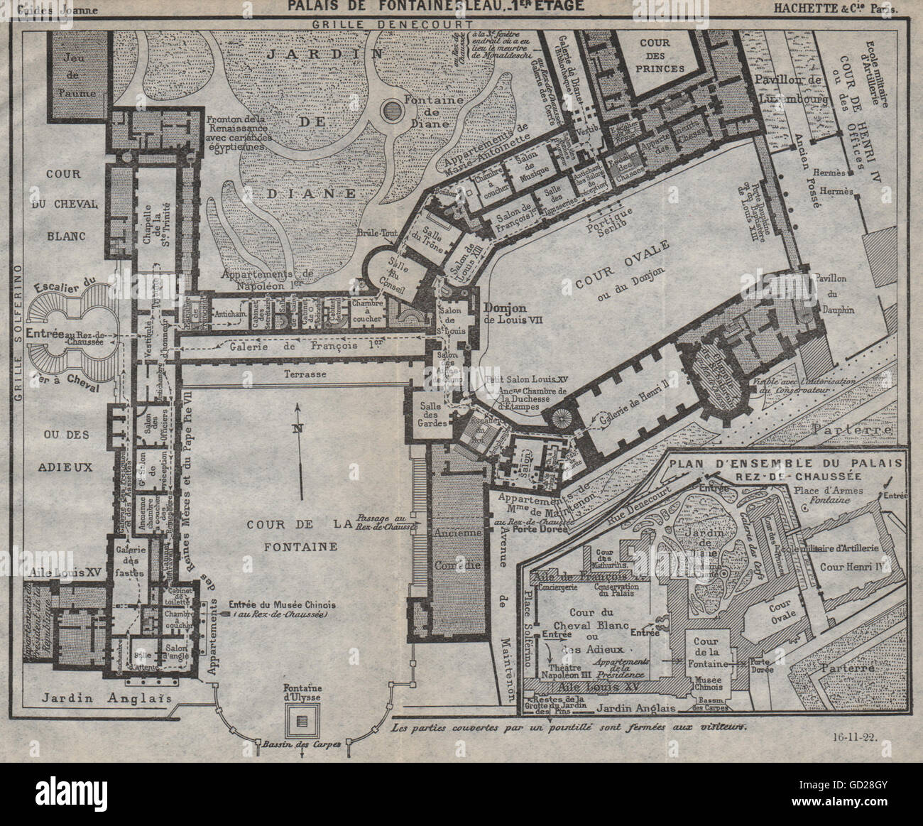 PALAIS DE FONTAINEBLEAU. 1er étage. 1st floor. Vintage map. Seine-et-Marne 1922 Stock Photo