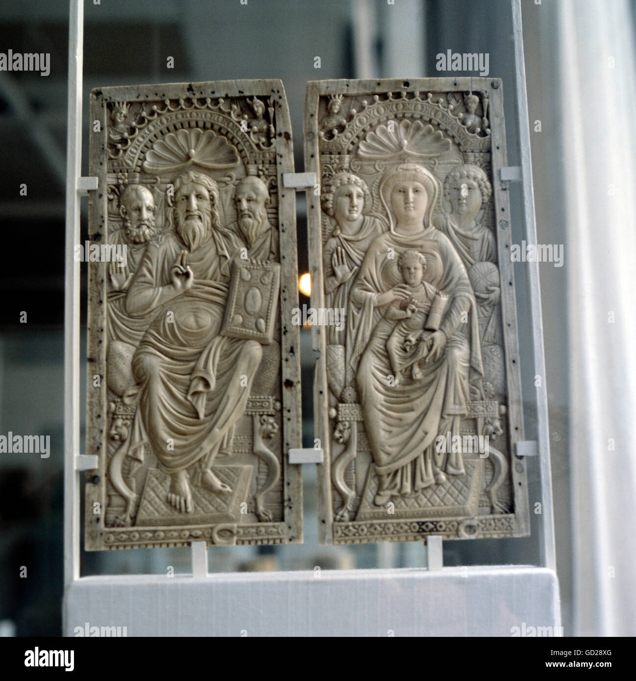 fine arts, ancient world, Byzantine Empire, sculpture, Jesus Christ and Virgin Mary on the throne, diptych, ivory, Constantinople, 5th century, Preussischer Kulturbesitz, Berlin, Artist's Copyright has not to be cleared Stock Photo