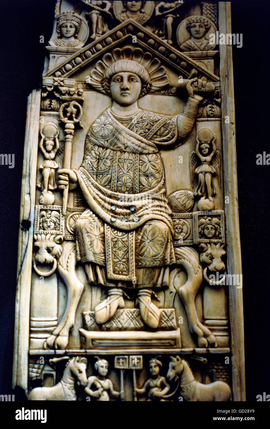 fine arts, ancient world, Byzantine Empire, sculpture, politician Flavius Anastasius Paulus (consul 517) with the insigna of his power, relief, marble, early 6th century, Victoria and Albert Museum, London, Artist's Copyright has not to be cleared Stock Photo