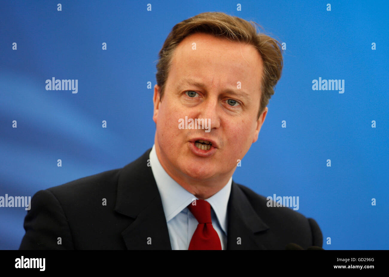 Prime Minister David Cameron speaks at the Farnborough International Airshow in Hampshire. Stock Photo