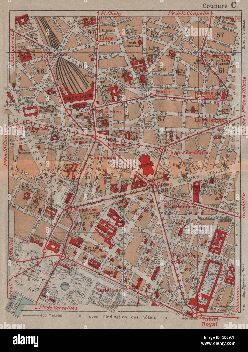 PARIS 9E 1E 2E 8E.Tuileries Opera St Lazare Blvd Hausmann.Vintage plan, 1922 map Stock Photo