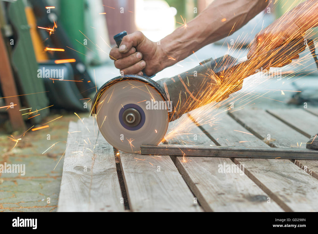 Mechanic metal cutting electric saw Stock Photo Alamy