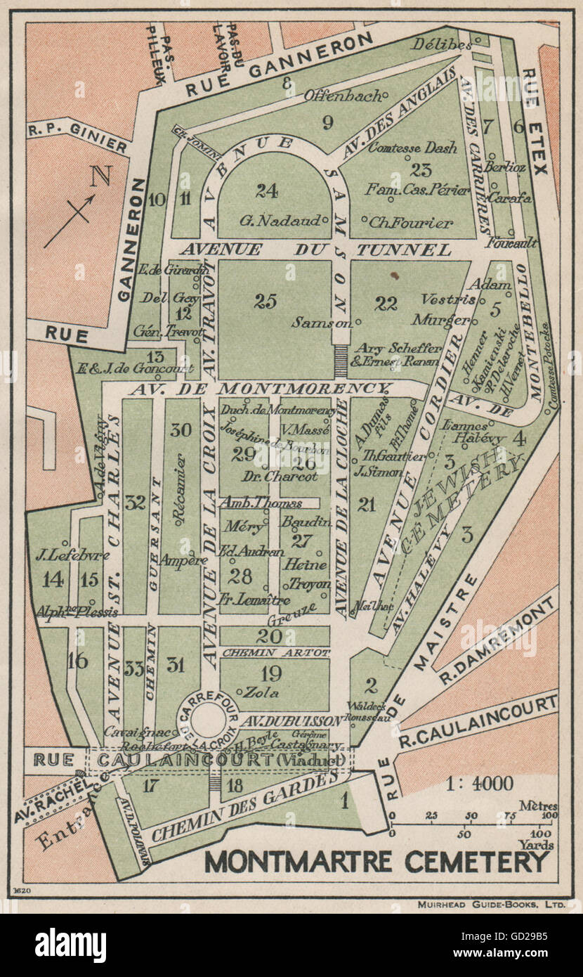 Cimetire Cimetiere Montmartre Cemetery Vintage Map Plan Paris 1927 GD29B5 